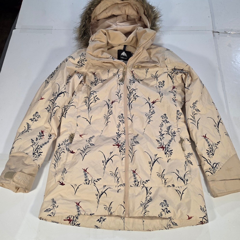 Burton Living Lining Snowboard Jacket Cream Floral Faux Fur Hood Womens XS